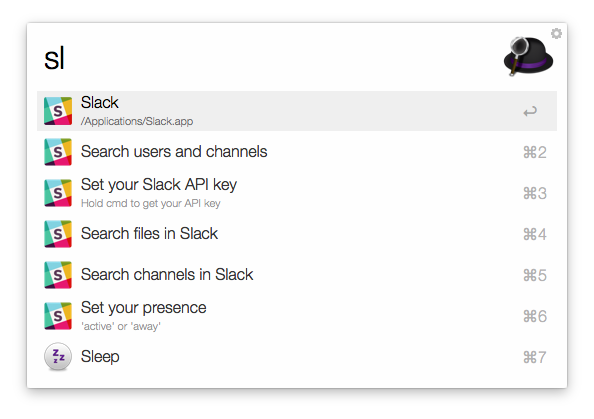 Mit Kurzbefehlen können einige Funktionen von Slack auch in Alfred genutzt werden. (Screenshot: t3n)