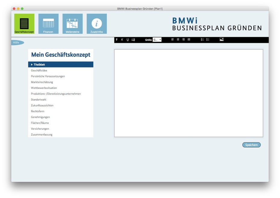 Auch das Bundesministerium für Wirtschaft und Energie bietet ein eigenes Businessplan-Tool an. (Screenshot: BMWi-Businessplan)