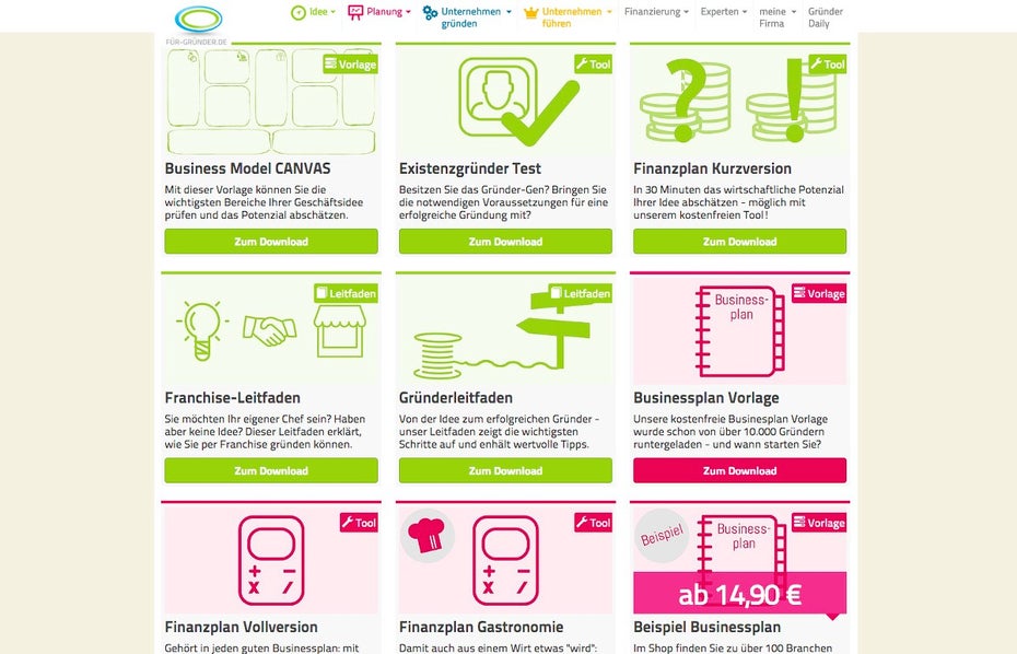 Businessplan erstellen: Auf Für-Gründer.de findet ihr kostenpflichtige Vorlagen und kostenfreie Tools. (Screenshot: fuer-gruender.de)