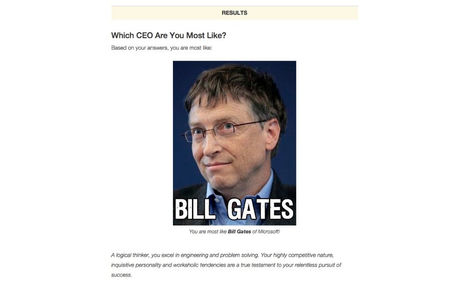 Herzlichen Glückwunsch, Sie sind Bill Gates: Es gibt schlechtere Resultate für einen Gründer-Test. :) (Screenshot: clearerthinking.org)
