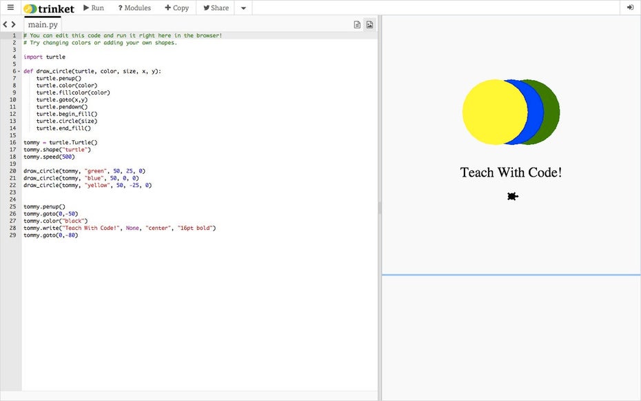 Trinket erlaubt die Erstellung und die Ausführung von Python-Code direkt im Browser. (Screenshot: Trinket)