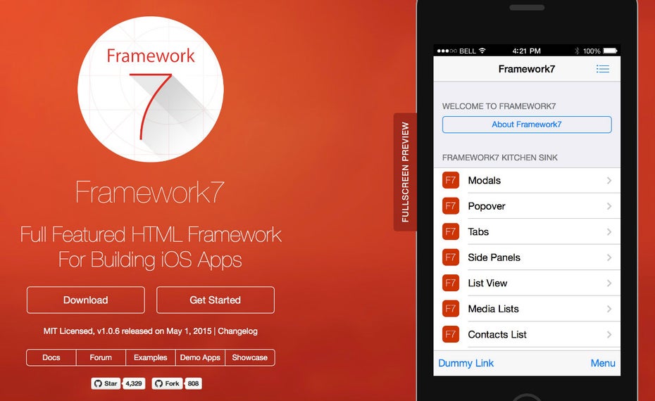 Für iOS-Entwicklung: Framework 7 (Screenshot: Framework 7) 