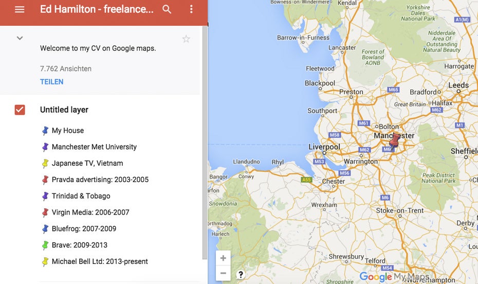 Pragmatisch und doch einfallsreich! Ed Hamilton hat all seine Stationen in einer Google-Map markiert. (Screenshot: Google Maps)