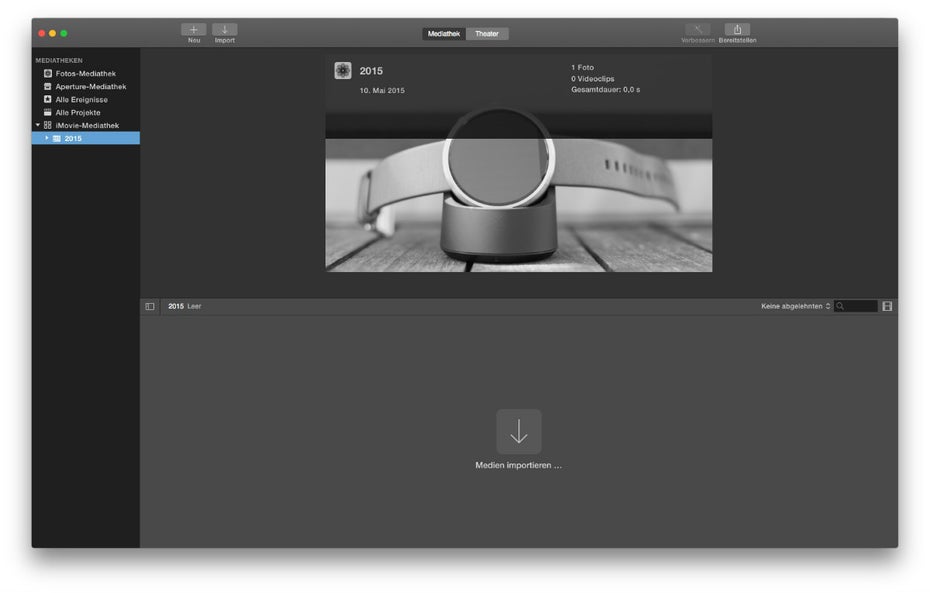 Die Mediathek vom Apple-Videoschnitt-Programm iMovie. (Screenshot: iMovie)