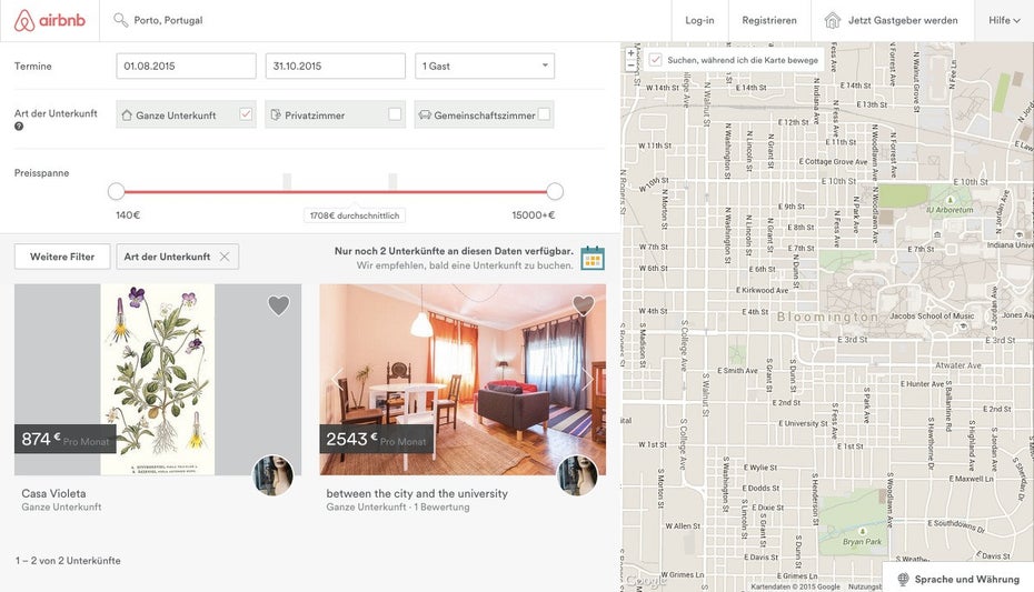 Airbnb: Hier findet ihr Unterkünfte in vielen Regionen der Welt. (Screenshot: Airbnb)