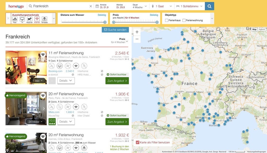 HomeToGo: Die deutsche Meta-Suchmaschine findet für euch Wohnungen auf verschiedenen Portalen. (Screenshot: HomeToGo)