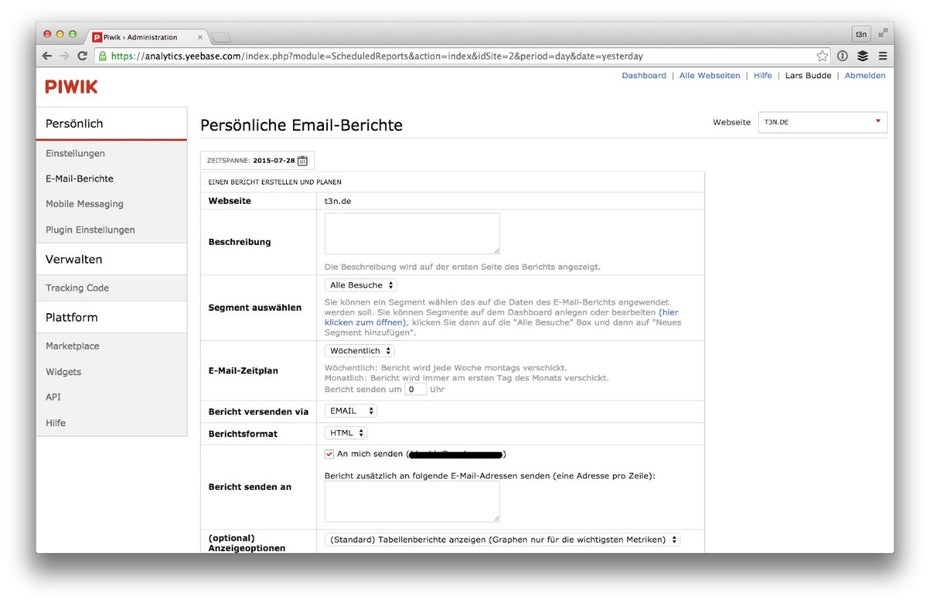 E-Mail-Reports lassen sich in Piwik über das Nutzermenü anlegen. (Screenshot: Piwik/ t3n.de)