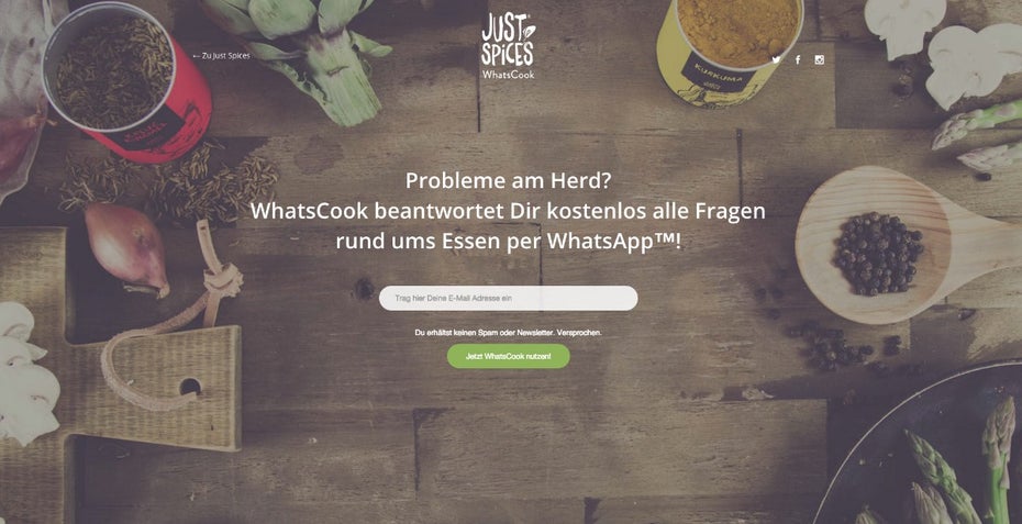 Rezepte per WhatsApp: Das Startup Just Spices erprobt eine neue Form der Kundenbindung. (Screenshot: justspices.de/whatscook)