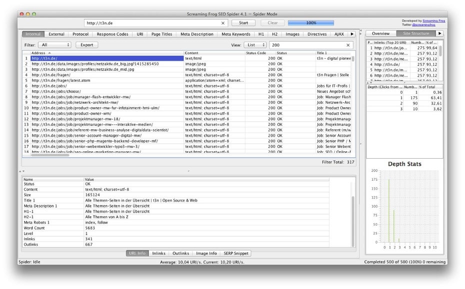 Ein schneller Blick auf die Klicktiefe. (Screenshot: Screaming Frog/ t3n.de)