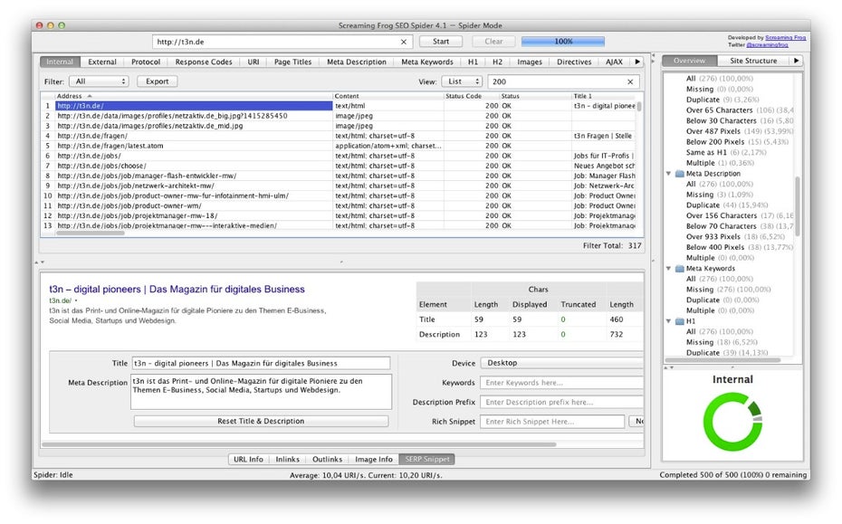 Beim Optimieren von Title und Snippet ist die „SERP Snippet“-Funktion des Screaming Frog hilfreich. (Screenshot: Screaming Frog/ t3n.de)