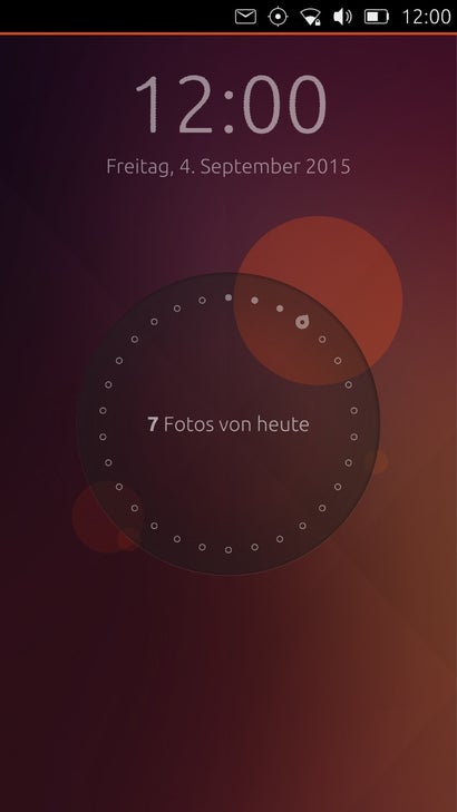 Der Lockscreen zeigt verschiedene Informationen vom aktuellen Tag an – beispielsweise die geschossenen Fotos. (Screenshot: Ubuntu)