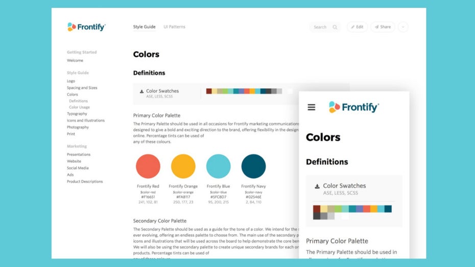 Frontify erstellt online ansprechende Styleguides. (Screenshot: t3n)