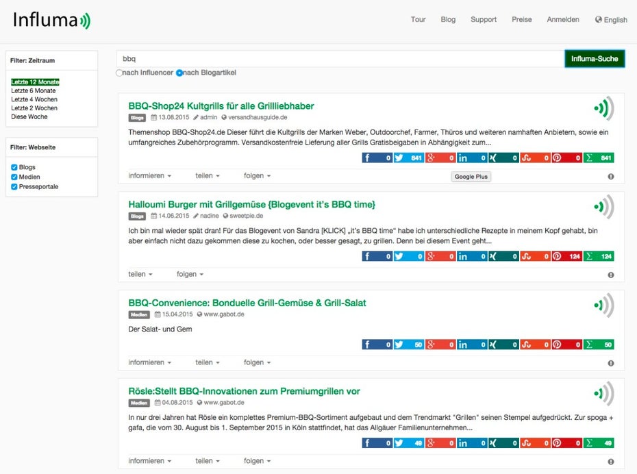 Das deutsche Recerche-Tool Influma ist dank Freemium-Modell kostenlos nutzbar. (Screenshot: Florian Hieß)