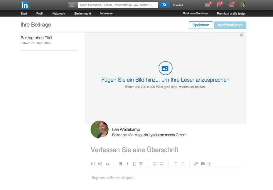 Endlich: Seit heute können auch deutschsprachige Nutzer die Blogging-Funktion von LinkedIn nutzen. (Screenshot: t3n)