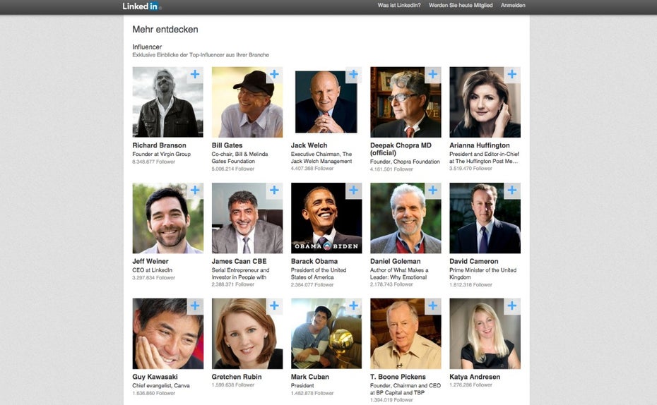 Noch sind die Top-Influencer bei LinkedIn Pulse alle englischsprachig – theoretisch können jetzt aber auch deutsche Meinungsbildner hier auftauchen. (Screenshot: LinkedIn)