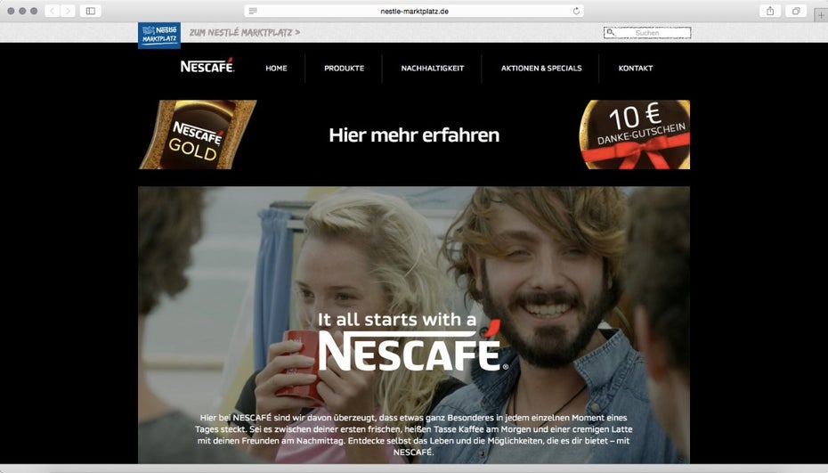Nestlé will alle Nescafé-Seiten zu Tumblr umziehen. (Screenshot: nestle-marktplatz.de)