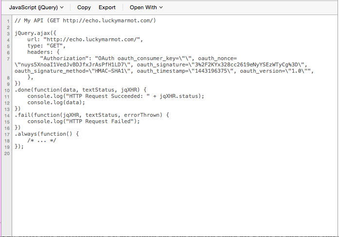 Export von jQuery-Code in Paw. (Screenshot: Paw)
