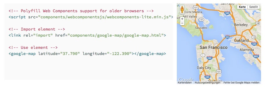 Mit Project Polymer und einem Custom-Element eine Google-Maps-Karte erzeugen. (Screenshot: Project Polymer)