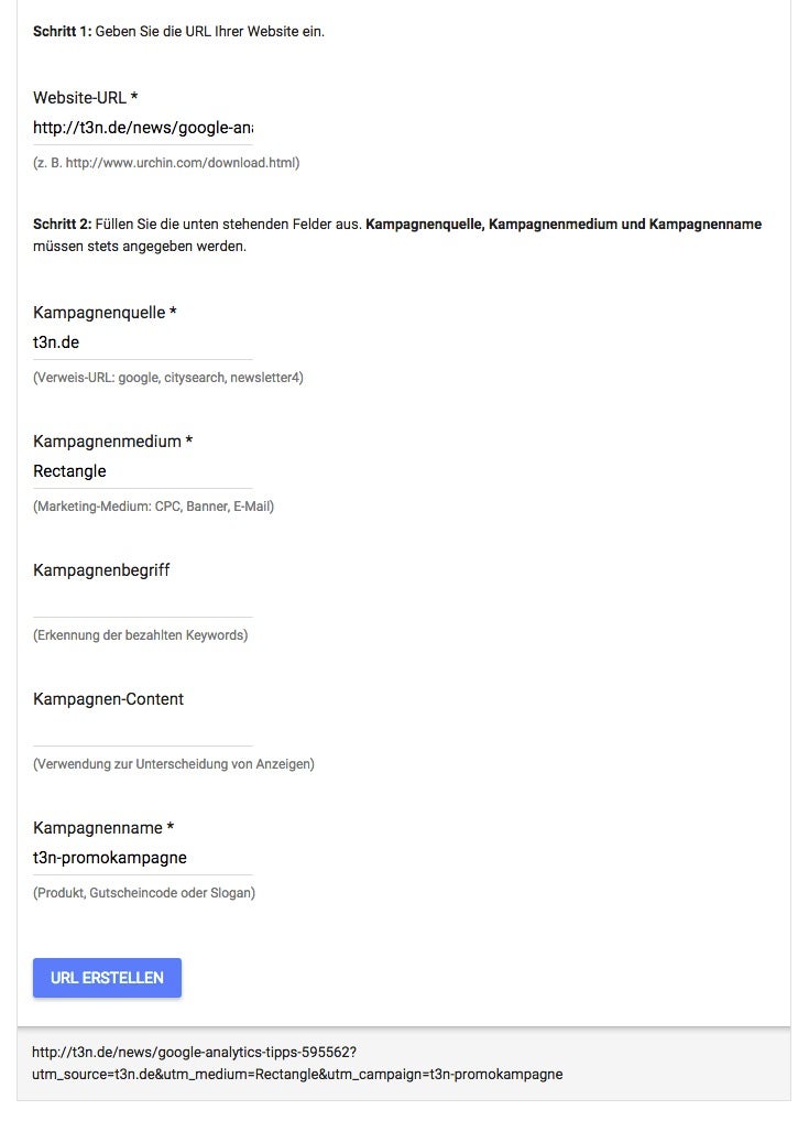 Google erleichtert das Erstellen von Kampagnenlinks mit diesem Online-Tool. (Screenshot: Google/ t3n.de)