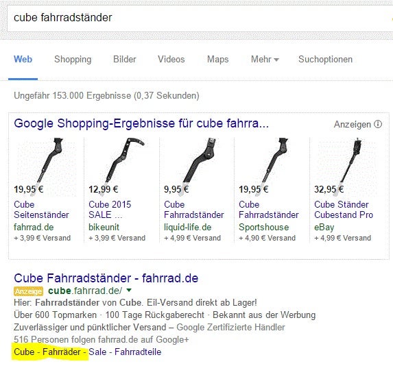 „Teure“ Sitelinks in „günstigen“ Anzeigen. (Screenshot: Google)