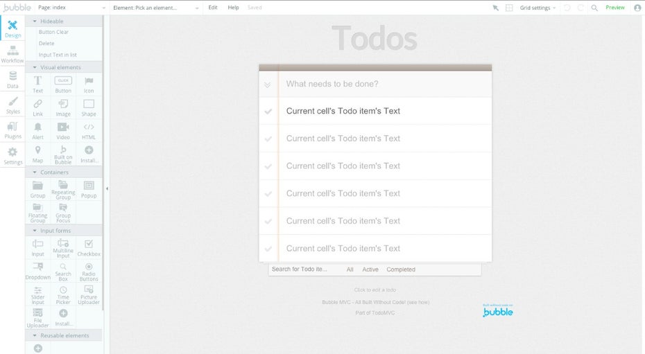 Bubble: Mit dem Web-App-Baukasten könnt ihr eine To-Do-App wie diese ohne eine Zeile Code erstellen. (Screenshot: Bubble)
