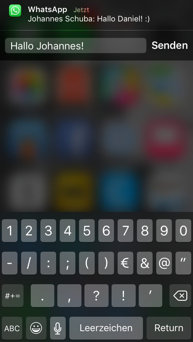 Ein Wisch nach unten und losgetippt: Die Schnellantwort-Funktion von iOS funktioniert jetzt auch mit WhatsApp, (Screenshot: t3n)