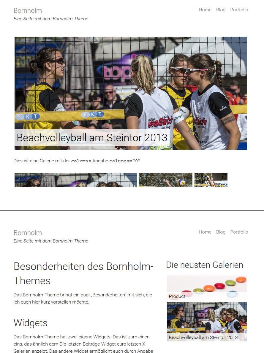 Die zwei verschiedenen Anzeigemöglichkeiten in der single.php des WordPress-Themes: Oben eine Galerie, unten ein normaler Artikel. (Screenshot: eigene WordPress-Installation; Fotos: Dennis Brinkmann)