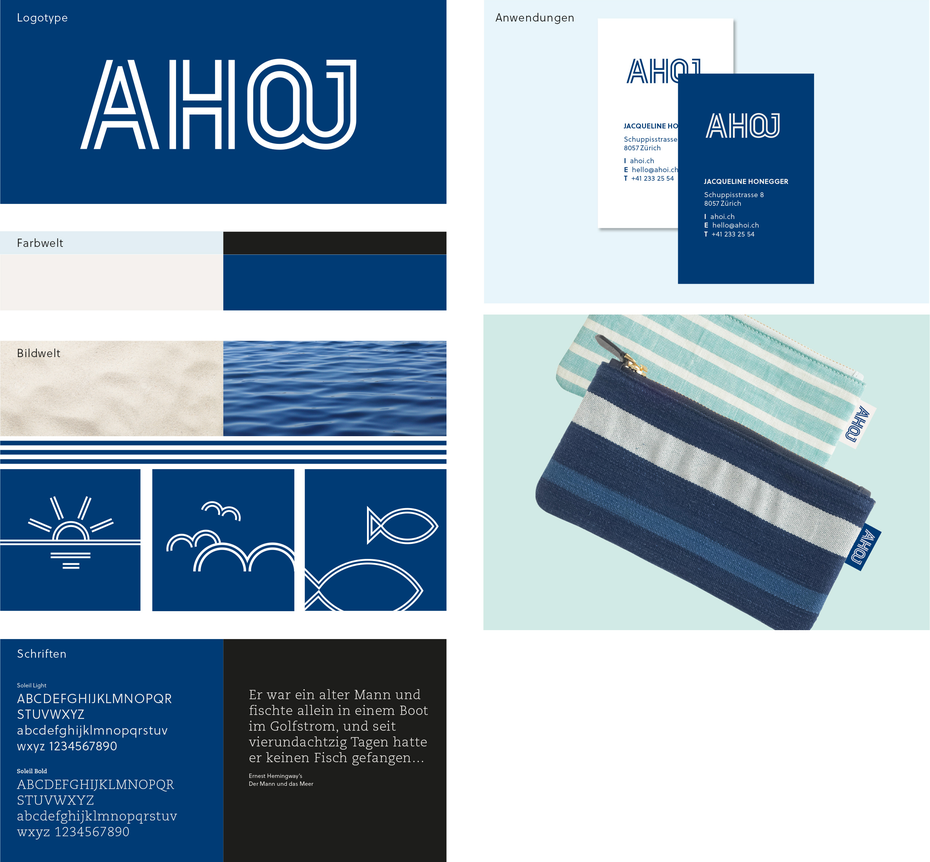 Basiselemente und Kernanwendung des Labels “Ahoj”. Die Inspiration für Taschen und Farben holt sich die Designerin auf Reisen an die Küsten Frankreichs. (Bild: Bühlmann Pearson, Zürich)