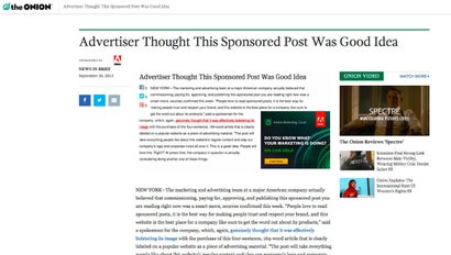 Native-Ad-Stunt von Adobe: Ein satirischer Sponsored Post auf einer satirischen Seite, der sich selbst persifliert. (Screenshot: theonion.com)