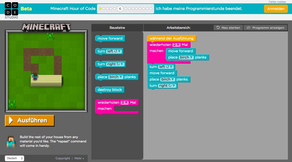 Programmieren lernen mit Minecraft – so sieht die Spieloberfläche aus. (Screenshot: code.org)