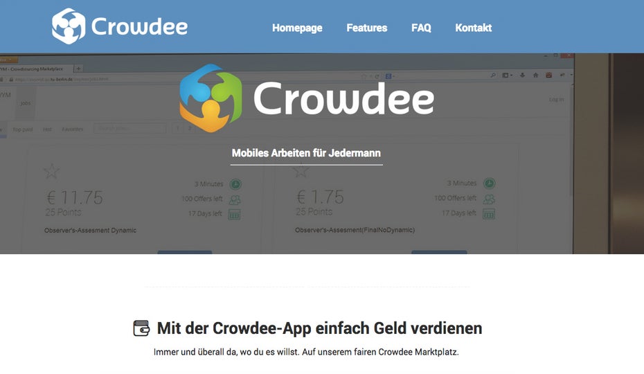 Crowdee-Webseite: „Mit der Crowdee-App einfach Geld verdienen!“ (Screenshot: t3n)