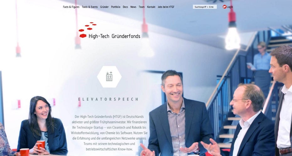 Als öffentlich-privatwirtschaftliche Partnerschaft fördert der High-Tech-Gründerfonds Tech-Startups von einem frühen Zeitpunkt an. (Screenshot: HTGF)