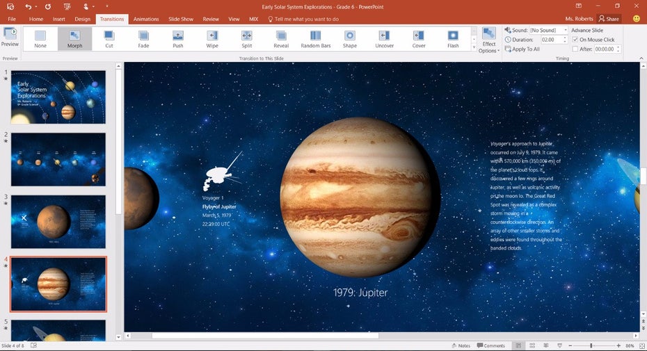 Office 2016: Mit Morph und Designer bekommen Office-365-Abonnenten zwei neue PowerPoint-Funktionen. (Screenshot: Microsoft)
