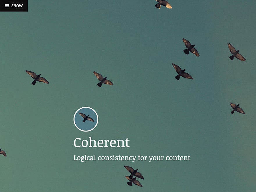 Coherent fällt mit dem Kontrast zwischen Viewportfüllendem Header-Bild und schlichtem Inhaltsbereich auf. (Screenshot: WordPress.org)