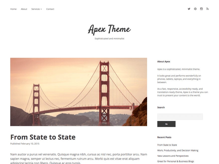 Apex setzt auf große Beitragsbilder und eine klare Typo. (Screenshot: WordPress.org)