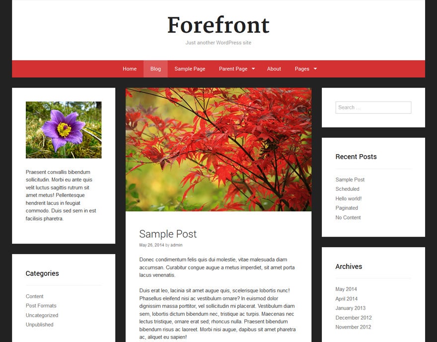 Das Forefront-Theme bietet eine Sidebar links und rechts. (Screenshot: WordPress.org)