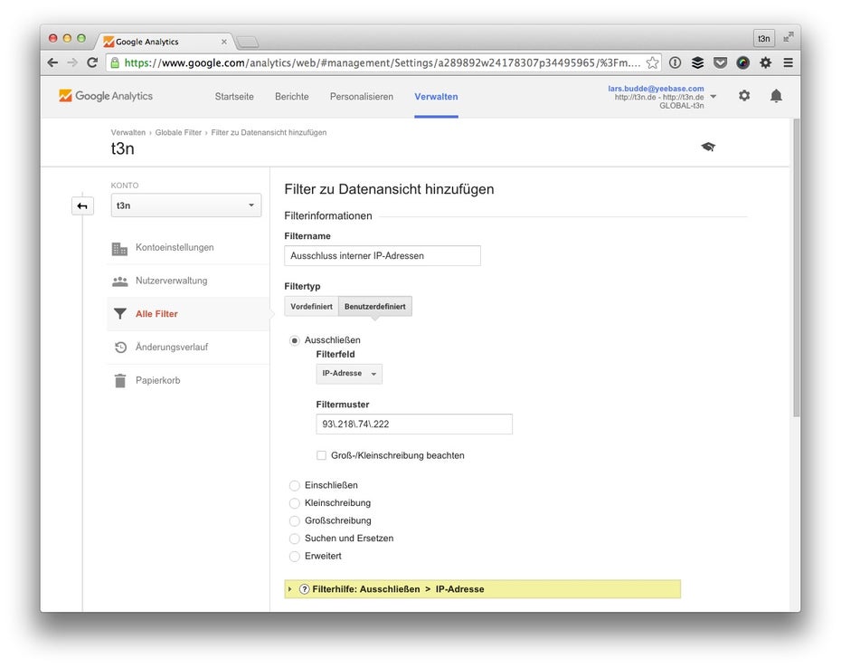 So schließt du intere IP-Adressen aus. (Screenshot: t3n/ Google Analytics)