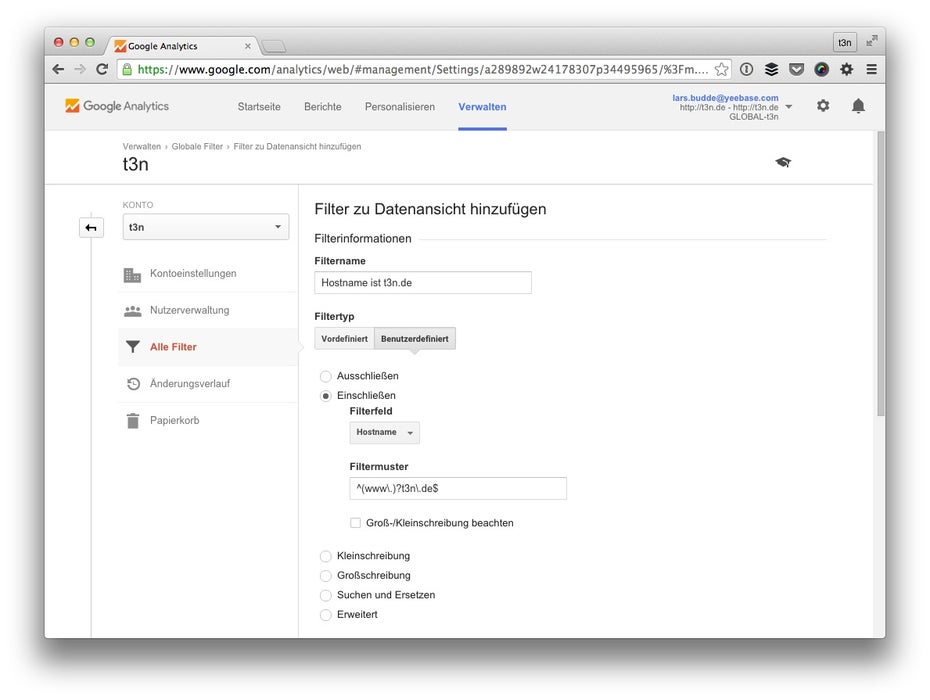 Filterst du auf deinen eigenen Hostname, entfernst du automatisch Spam. (Screenshot: t3n/ Google Analytics)