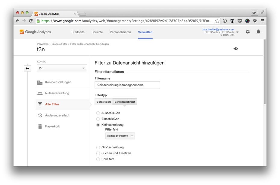Mit diesem Filter verweigerst du dich der deutschen Groß- und Kleinschreibung. (Screenshot: t3n/ Google Analytics)