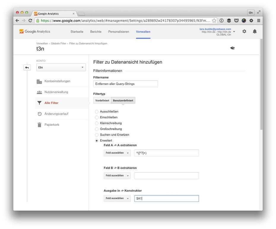 Entferne unnötige Query-Strings mit diesem Filter. (Screenshot: t3n/ Google Analytics)