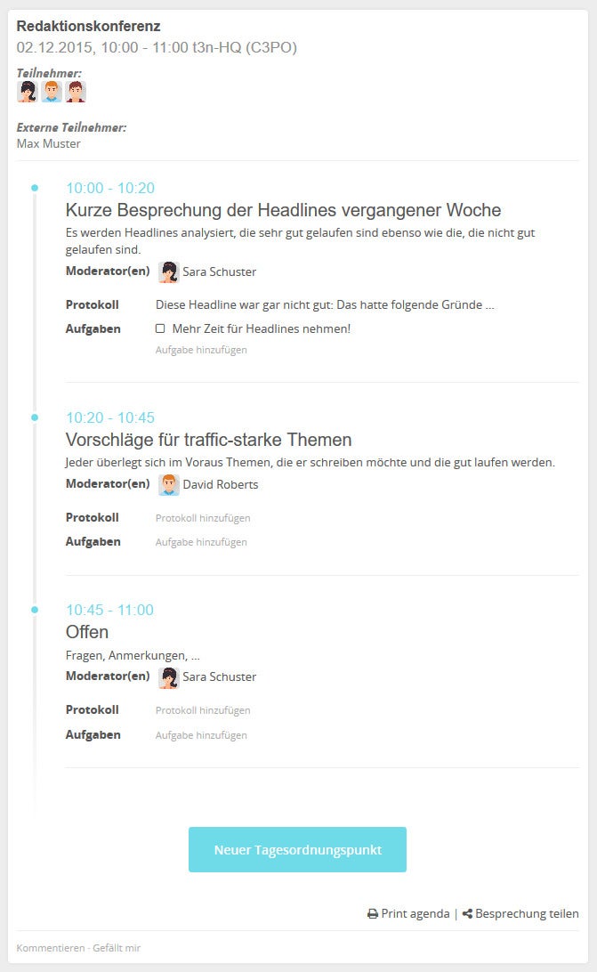 Meetings mit HumHub anlegen, protokollieren und Aufgaben verteilen. (Screenshot: eigene HumHub-Installation)