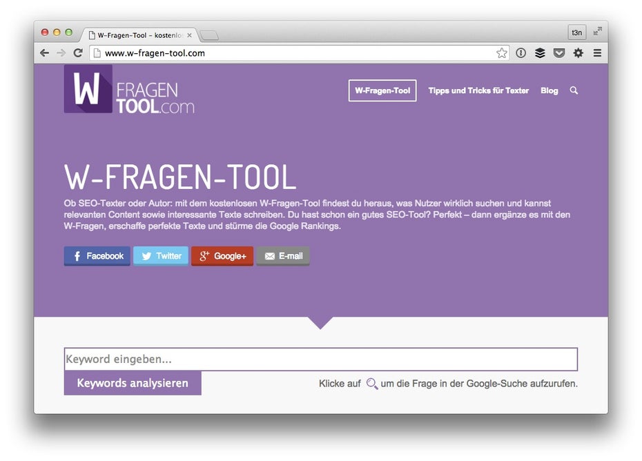 Das W-Fragen-Tool hilft bei der Themenrecherche. (Screenshot: t3n)