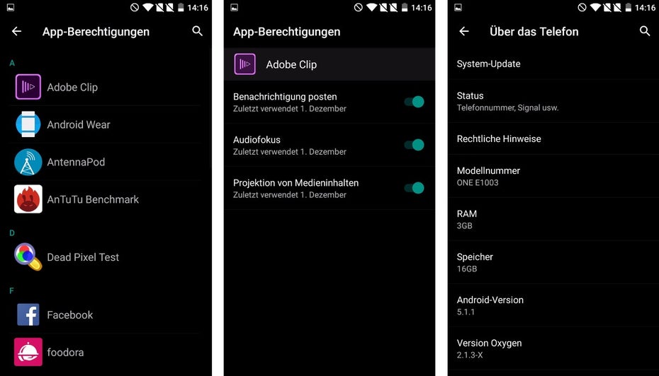 OnePlus X: Oxygen OS basiert auf Android 5.1, besitzt aber schon App-Berechtigungen – ein Marshmallow-Feature. (Screenshots: t3n)