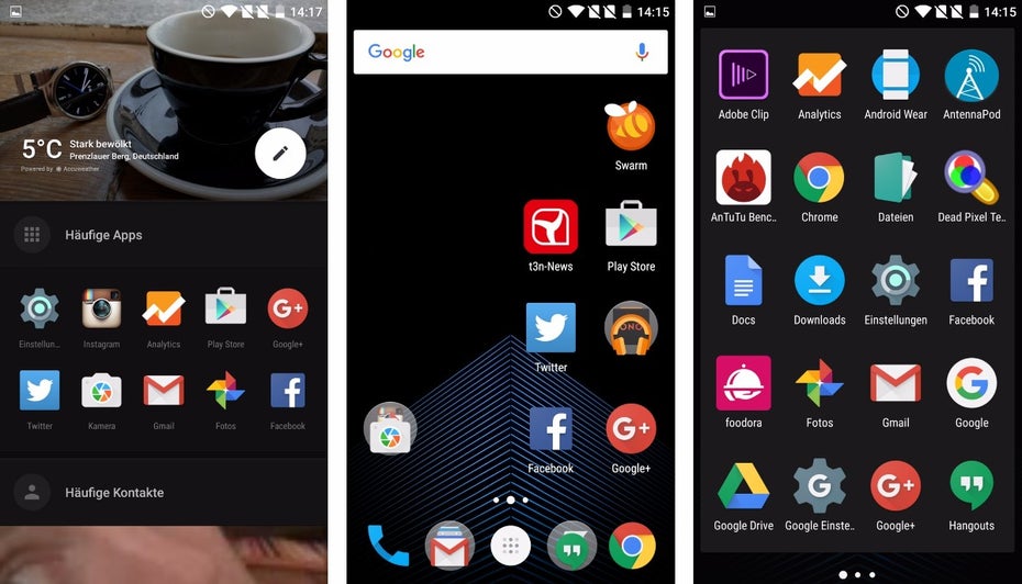 OnePlus X mit Oxygen OS – so sehen Homescreen und App-Drawer aus. (Screenshots: t3n)