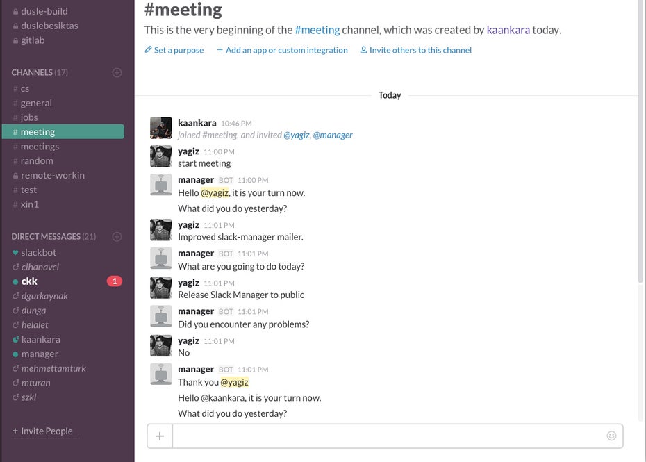 Slack Manager: Der Chatbot soll eine Alternative zum morgendlichen Stehmeeting sein. (Screenshot: Slack Manager)