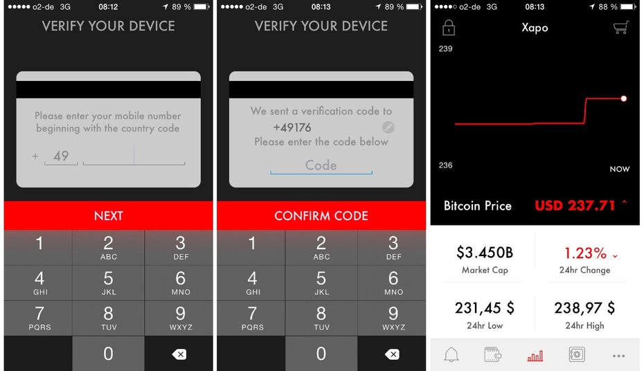 Nach Einrichtung und Verifizierung managed die Xapo App eine Wallet und den Vault – zweites und viertes Symbol unten. (Screenshot: Xapo)