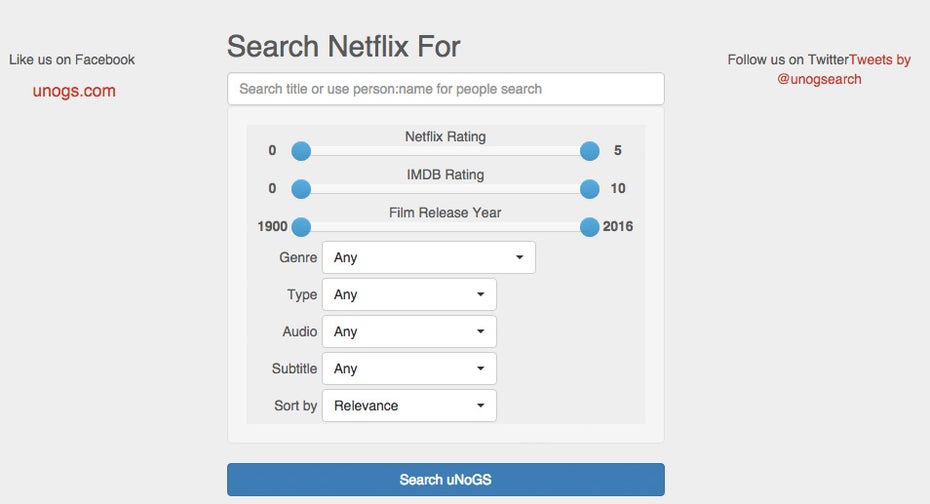 Über die Suchmaske von unogs.com lässt sich das globale Angebot von Netflix durchstöbern. (Screenshot: unogs.com)