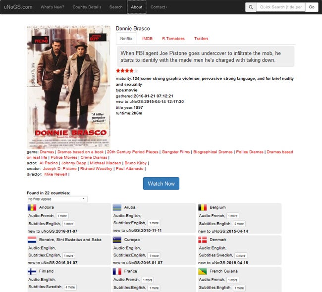 Donnie Brasco (großartiger Film!) läuft leider nicht auf Netflix-Deutschland. (Screenshot: unogs.com)