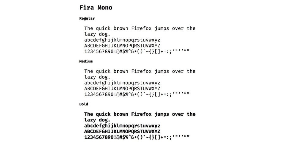 Die Schrift „Fira Mono“ für Entwickler gibt es in einer regulären, einer Medium- und einer Bold-Version. (Screenshot: mozilla.github.io)
