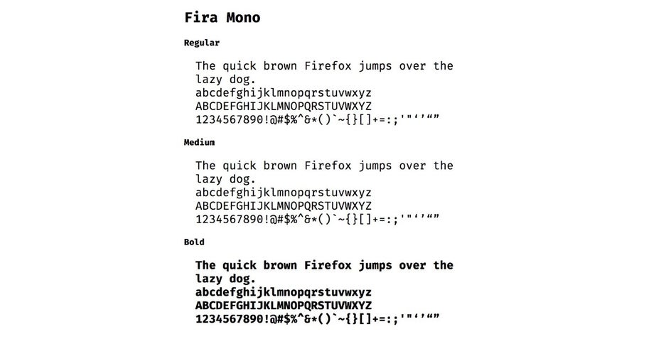 Die Schrift „Fira Mono“ für Entwickler gibt es in einer regulären, einer Medium- und einer Bold-Version. (Screenshot: mozilla.github.io)